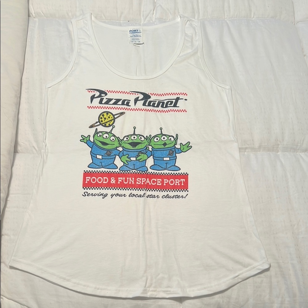 NWOT-Disney Pixar Toy Story- White Pizza Planet Tank Top with Green Aliens